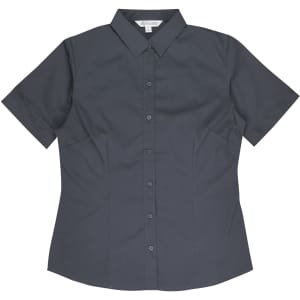 A short-sleeve, button-up shirt in a dark grey colour, featuring a collar and a logo.
