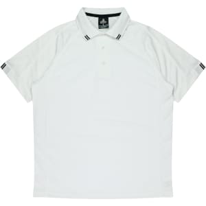 A white polo shirt featuring a classic collar and contrasting black stripes on the sleeves, with a logo on the chest.