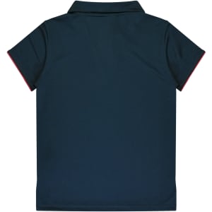 A dark navy polo shirt with short sleeves and red detailing on the edges, featuring a logo.