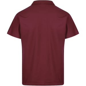 A maroon polo shirt featuring a collar and short sleeves. The back view is displayed.
