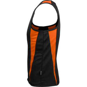 A black singlet featuring orange stripe detailing and a branded label on the side.