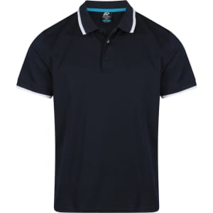 A navy blue men's polo shirt with white collar and sleeve accents, featuring a logo on the left side.