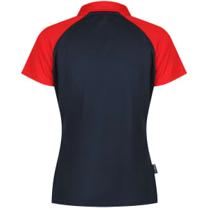 A polo shirt featuring a navy main body with red sleeves, complete with a collar and a branding logo on the side.