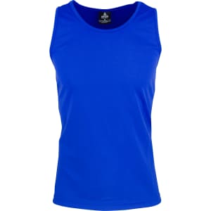 A blue men's singlet with a round neckline and a branded label. The fabric appears smooth and lightweight.