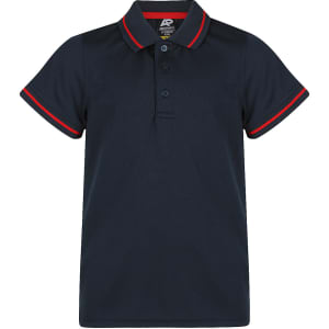 A navy blue polo shirt with red contrast trim and a logo on the chest. It features a classic collar and three buttons.