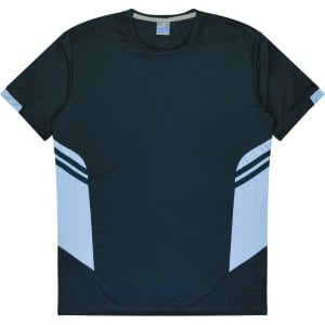 A dark green t-shirt featuring light blue accents and a logo, designed for kids.