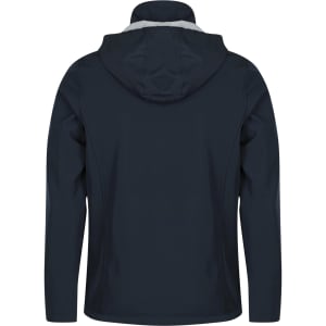 A navy jacket with a hood, featuring a simple design and a logo on the back.