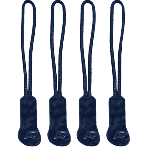 Four navy blue zip puller accessories with a looped design, featuring a logo on each puller.
