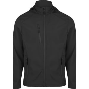 A black jacket with a zippered front, hood, and multiple pockets. It features a logo on the chest.