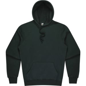 A dark green men's hoodie with a pointed hood and a front kangaroo pocket, featuring a logo.