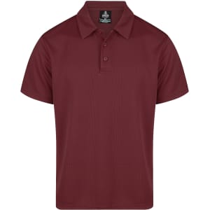 A maroon polo shirt with a collar and three-button placket. It features a logo on the label.