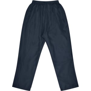 Navy track pants with an elastic waistband, featuring a smooth finish and a logo. Suitable for kids.