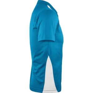 A blue polo shirt with white accents, featuring a collar and short sleeves. It has a logo on the chest.