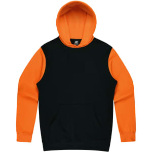 A hooded jumper featuring a black body and bright orange sleeves, complete with a front pocket and a logo.