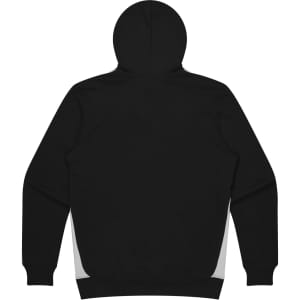 A black hoodie featuring a simple design with grey side panels and a hood. It has a branding logo.