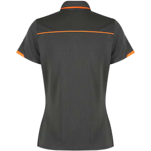 A back view of a dark grey polo shirt with orange detailing and a logo.