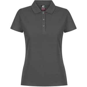 A dark grey women's polo shirt featuring a collared neck and button placket, with a logo on the inside.