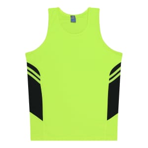 A bright yellow singlet with black side panels and a logo at the neckline. Ideal for kids.