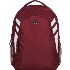 A maroon backpack with white stripes and mesh side pockets, featuring a logo on the front.