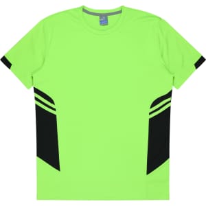 A bright green T-shirt featuring black accents on the sides and a logo on the neckline.