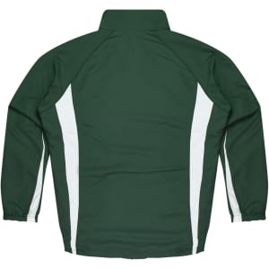 A green tracktop with white side stripes, featuring a high collar and elastic cuffs. The back view is shown.