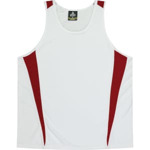 A white singlet with red side panels and a branded label at the neckline.