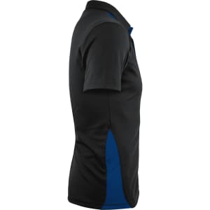 A black polo shirt with blue detailing, featuring a collar and short sleeves. It has a logo on one side.