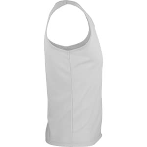 A white men's singlet with a fitted design and a logo on the side.