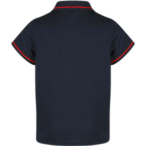 A navy polo shirt with a collar and short sleeves, featuring red trim along the collar. It has a logo on the chest.