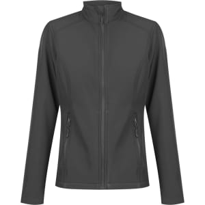 A soft shell jacket in black with a zip front and two side pockets. Features a logo on the chest area.