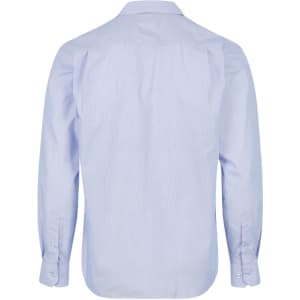 A long sleeve, button-up men's shirt in light blue with a striped pattern and a logo on the back.