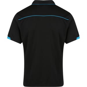 A black polo shirt with blue accents and a logo, featuring a classic collar and short sleeves.