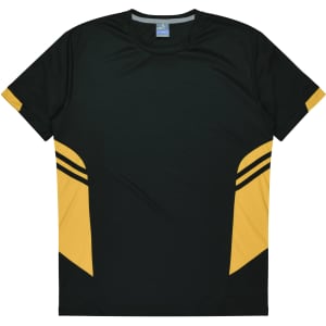 A dark green t-shirt with yellow accents and striped detailing on the sleeves. It features a logo on the neckline.