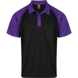 A black and purple polo shirt featuring a logo on the chest, designed for men.