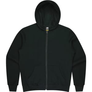 A green zip-up hoodie with a hood and front pockets, featuring a logo.