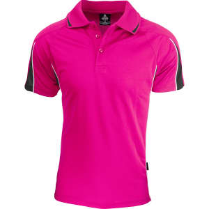 A pink polo shirt featuring black accents and a collar, with a logo on the front.