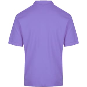 A purple polo shirt featuring a collar and short sleeves, with a logo on the back.