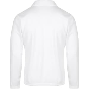 A white long-sleeve polo shirt featuring a collar and a plain back design. It has a logo on the side.