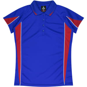 A blue polo shirt with red and white accents, featuring a collar and a button-up front. It has a logo on the label.