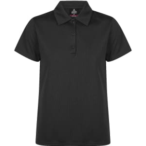 A black polo shirt featuring a classic collar and button placket, designed for a polished look.