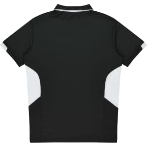 A black polo shirt with white side accents and a collar. The shirt features a logo on the back.