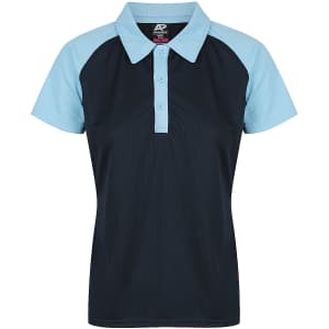 A navy and light blue polo shirt with a collared neckline and buttons, featuring a logo on the chest.