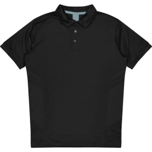 A black polo shirt featuring a collar and button placket, with side design details and a branding logo.
