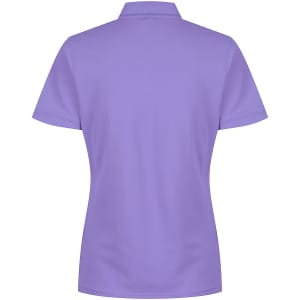 A back view of a purple polo shirt featuring a collar and short sleeves. It includes a logo.