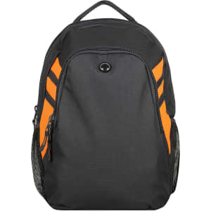 A black backpack with orange accents and a logo, featuring side mesh pockets and a top handle.