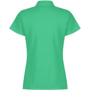 A green polo shirt with a collared neckline and short sleeves, featuring a logo on the back.