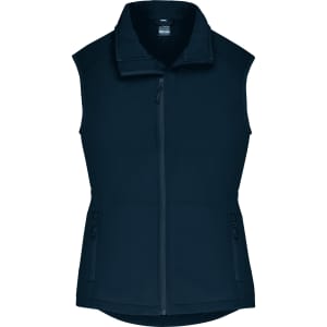 A navy blue vest with a zip front and pockets, featuring a high collar and a branded logo.