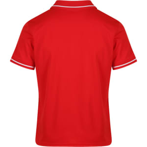 A red polo shirt featuring white trim, showcasing a back view. The shirt has a collar and short sleeves.