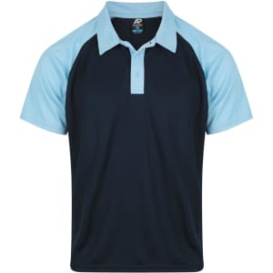 A navy blue polo shirt with light blue raglan sleeves and a collar. It features a logo on the chest.