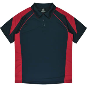 A polo shirt featuring a navy base with red accents and a logo on the collar.